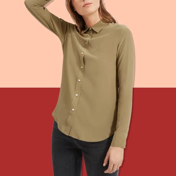Everlane Clean 100% Silk Relaxed Shirt, Covert Green. Gently used. - Picture 2 of 3